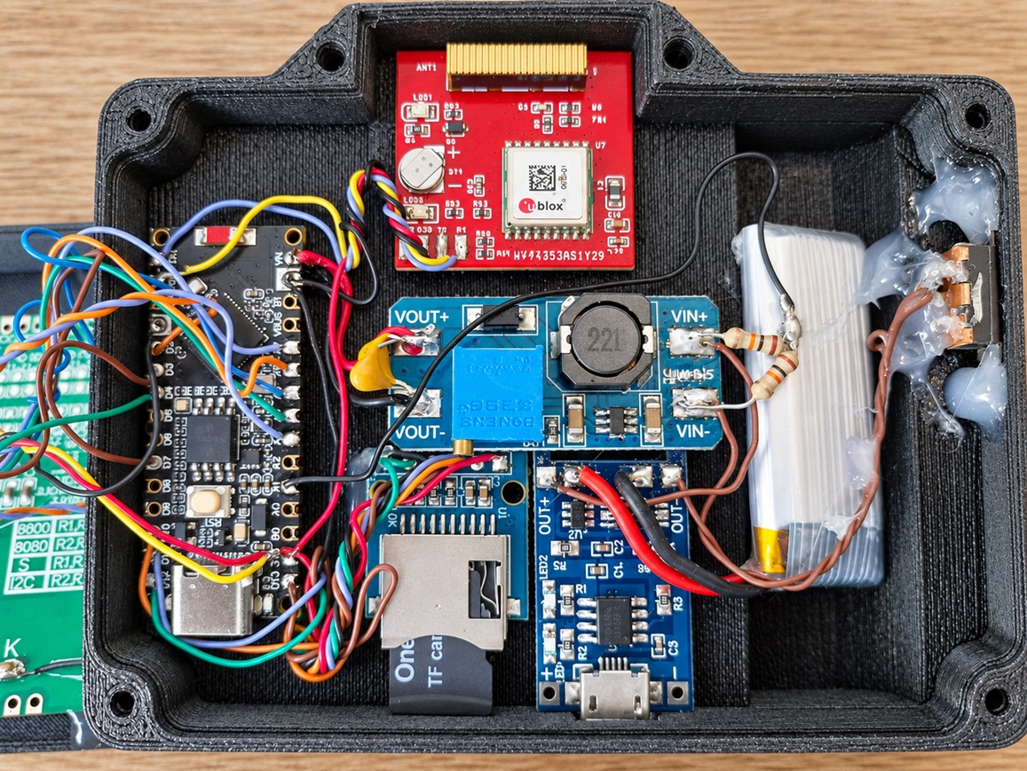 Internal assembly of the FoxLAP DIY ESP32-S3 Nano with TP4056 charger and MT3608 boost converter